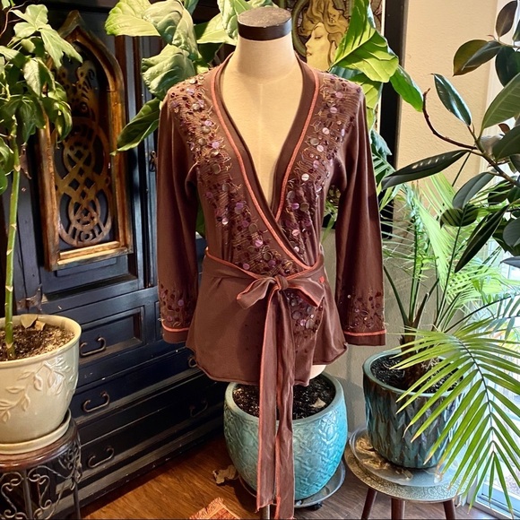 Anthropologie Tops - Anthropologie chocolate embellished wrap top